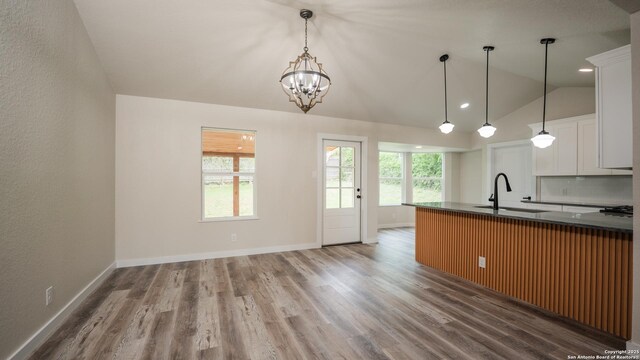 5806 Gillis, San Antonio, TX 78240 - kitchen featuring a sink, dark countertops, wood finished floors, and lofted ceiling