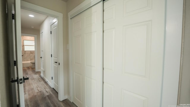 5806 Gillis, San Antonio, TX 78240 - hallway with recessed lighting, baseboards, and dark wood finished floors