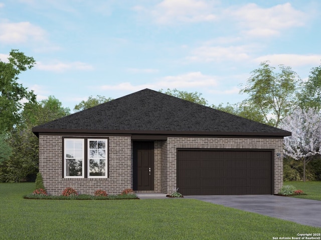 view of front of property with brick siding, driveway, a front lawn, and a garage