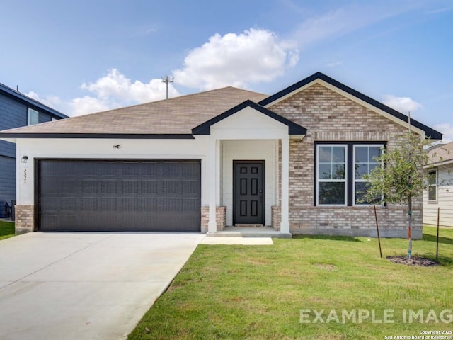 ranch-style home with brick siding, an attached garage, a front yard, and concrete driveway