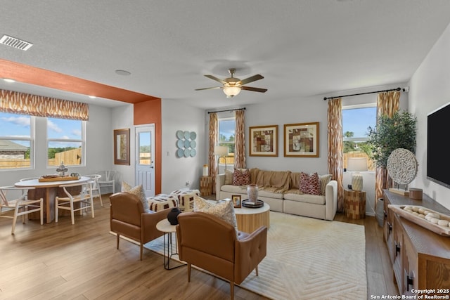 living room featuring light wood-style floors, ceiling fan, and visible vents
