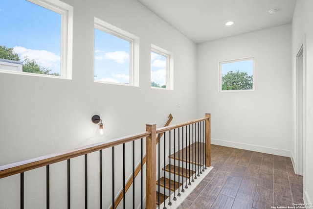 182 Torrey, New Braunfels, TX 78130 - hallway featuring an upstairs landing, wood finished floors, baseboards, and recessed lighting
