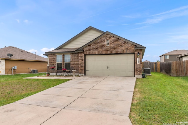view of front facade with a garage, fence, a front yard, brick siding, and central air condition unit