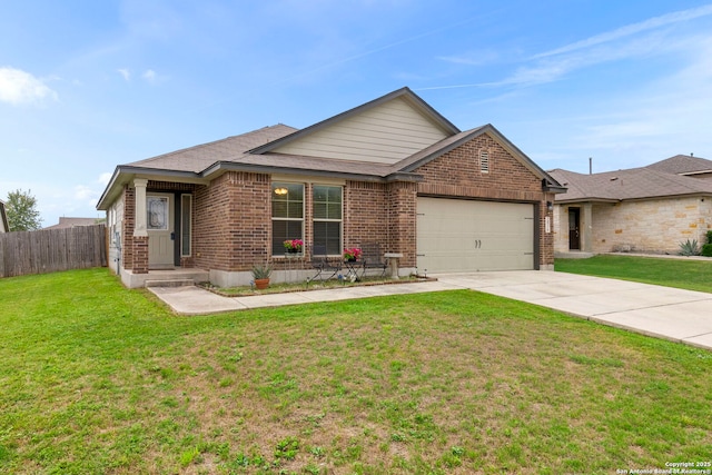 ranch-style home with fence, an attached garage, a front lawn, brick siding, and driveway