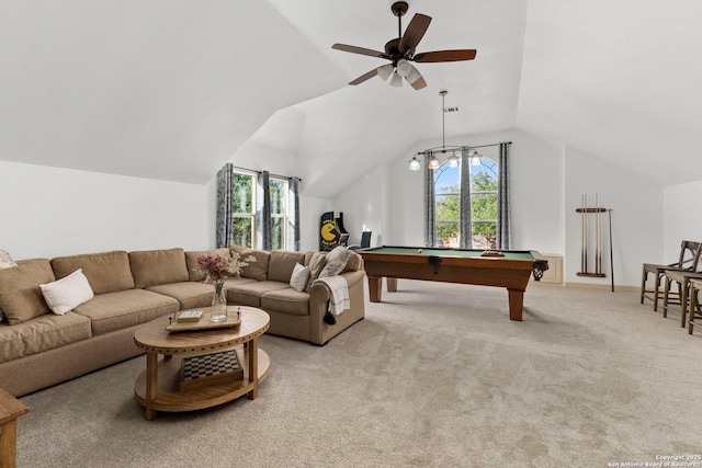 living room featuring plenty of natural light, billiards, lofted ceiling, and light colored carpet