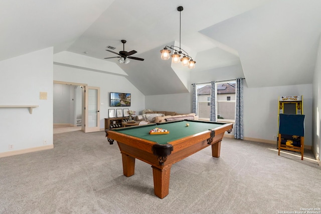 recreation room featuring visible vents, pool table, carpet floors, baseboards, and lofted ceiling