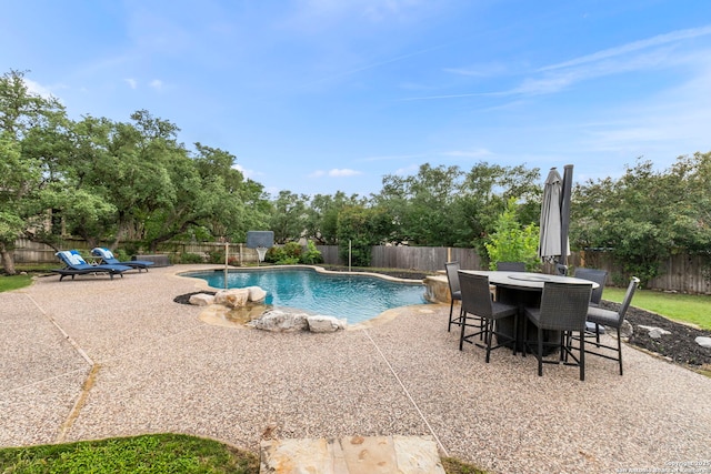 view of pool with a fenced in pool, a fenced backyard, and a patio