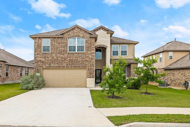 view of front of home with a garage, concrete driveway, a front lawn, and brick siding