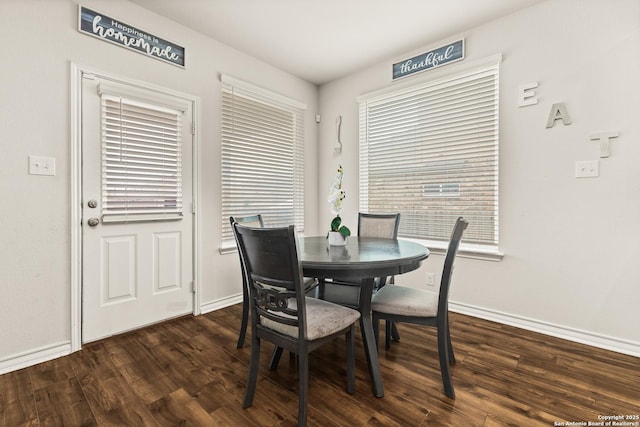 dining area with baseboards and dark wood-style flooring