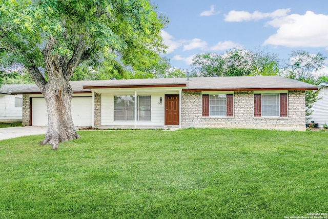 7442 Castle Trail Dr, San Antonio, TX 78218 - ranch-style home with an attached garage, concrete driveway, and a front lawn