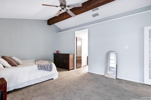 carpeted bedroom featuring ceiling fan, lofted ceiling with beams, and visible vents