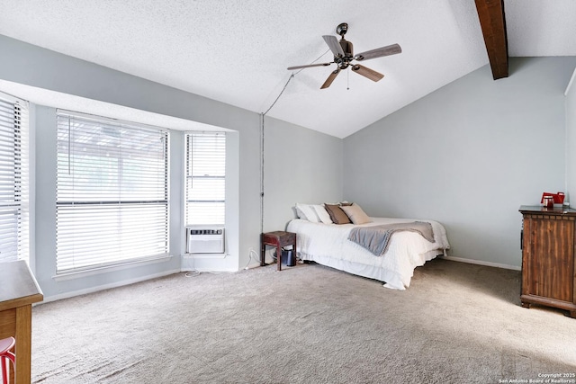 carpeted bedroom with vaulted ceiling with beams, baseboards, ceiling fan, and cooling unit