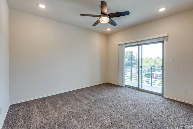 carpeted empty room featuring a ceiling fan, baseboards, and recessed lighting