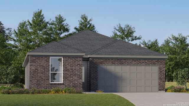 ranch-style home with driveway, roof with shingles, a front yard, a garage, and brick siding