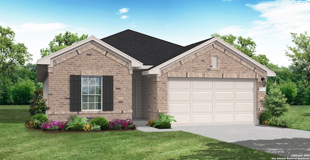 ranch-style home featuring an attached garage, driveway, a front lawn, and brick siding