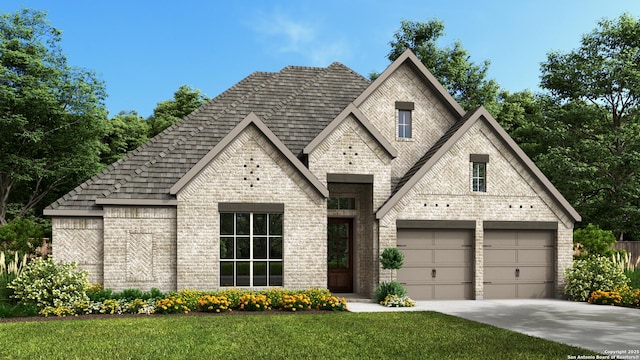 view of front of home with brick siding, a front lawn, and concrete driveway
