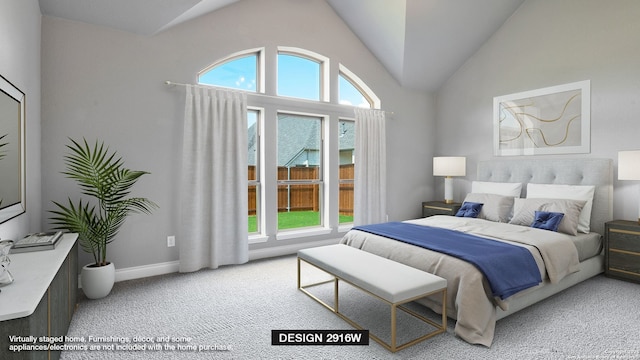 bedroom featuring baseboards, multiple windows, vaulted ceiling, and light carpet