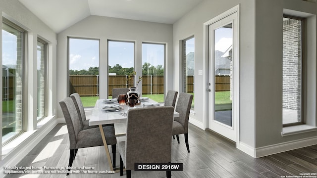 sunroom featuring baseboards, plenty of natural light, wood finished floors, and lofted ceiling