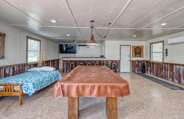 playroom featuring wainscoting, a wall mounted air conditioner, wood walls, recessed lighting, and pool table
