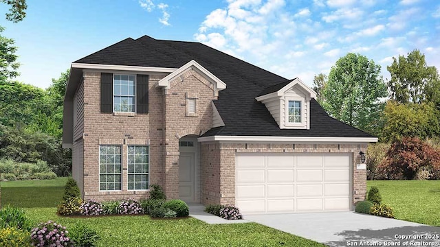 646 Broomsedge St, New Braunfels, TX 78130 - traditional-style house featuring an attached garage, driveway, a front lawn, and brick siding