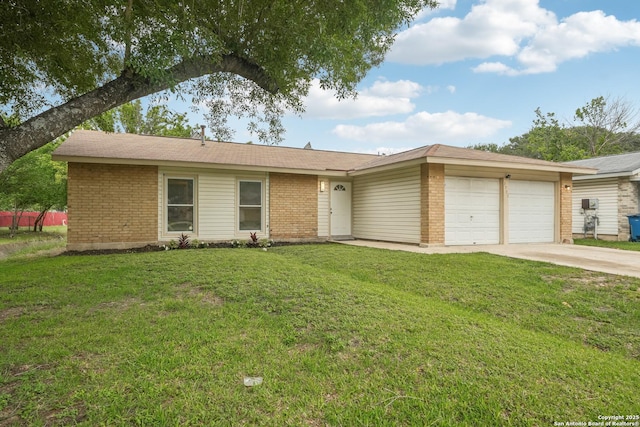 ranch-style home with brick siding, driveway, a front yard, and a garage