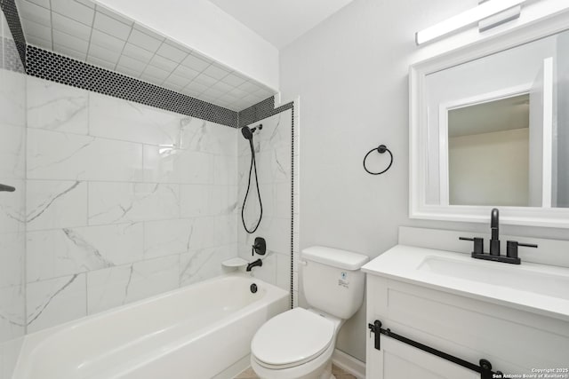bathroom with toilet, bathing tub / shower combination, and vanity