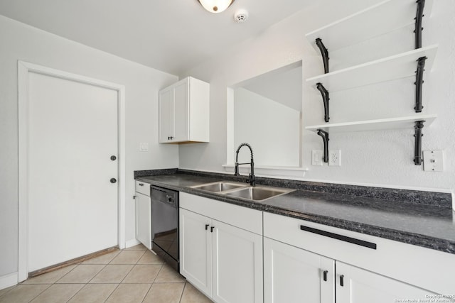kitchen with open shelves, dark countertops, a sink, black dishwasher, and white cabinetry