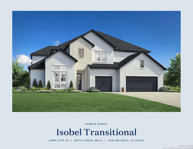 view of front facade with concrete driveway, a garage, stucco siding, and a front lawn