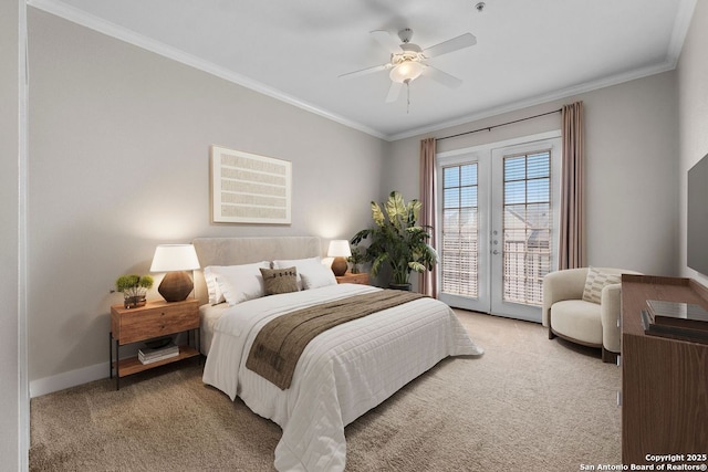 bedroom with crown molding, access to outside, baseboards, and light colored carpet