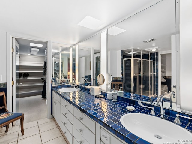 full bathroom with visible vents, a sink, tile patterned floors, and a shower stall