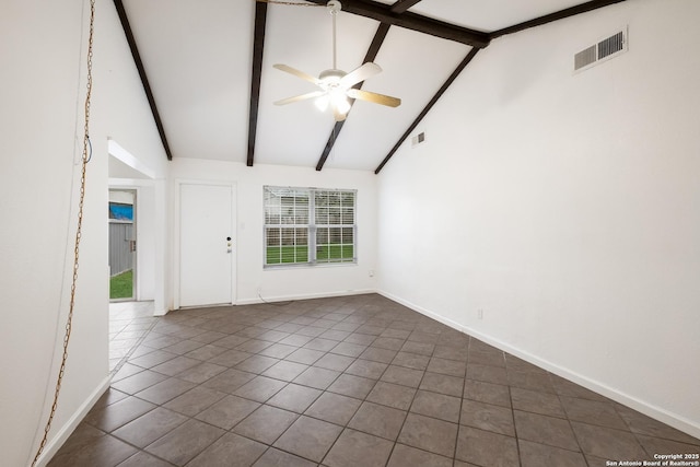 empty room with dark tile patterned flooring, a ceiling fan, beam ceiling, and visible vents