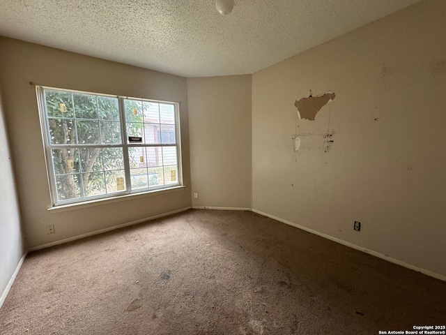empty room with carpet floors, baseboards, and a textured ceiling