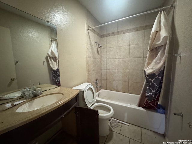full bath with tile patterned floors, vanity, shower / bathtub combination with curtain, and toilet