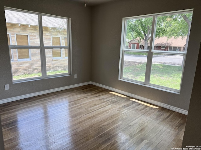 spare room featuring baseboards, plenty of natural light, and wood finished floors