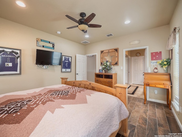 bedroom featuring recessed lighting, a ceiling fan, and visible vents