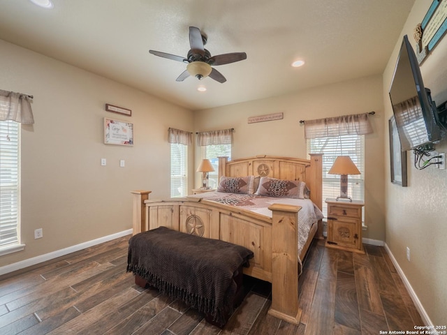 bedroom featuring baseboards, recessed lighting, dark wood finished floors, and ceiling fan