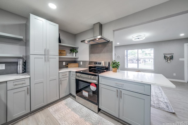 8010 Remuda, San Antonio, TX 78227 - kitchen featuring stainless steel electric range oven, wall chimney range hood, open shelves, a peninsula, and gray cabinetry