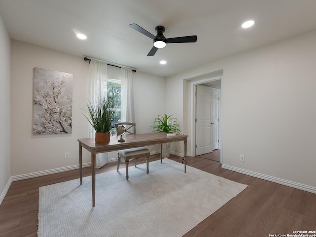 office area featuring baseboards, a ceiling fan, recessed lighting, and wood finished floors