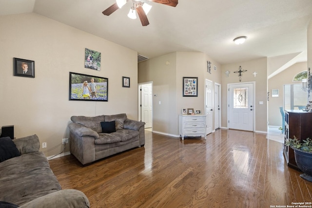 113 E Dawn Dr, Johnson City, TX 78636 - living room featuring a ceiling fan, baseboards, visible vents, and wood finished floors