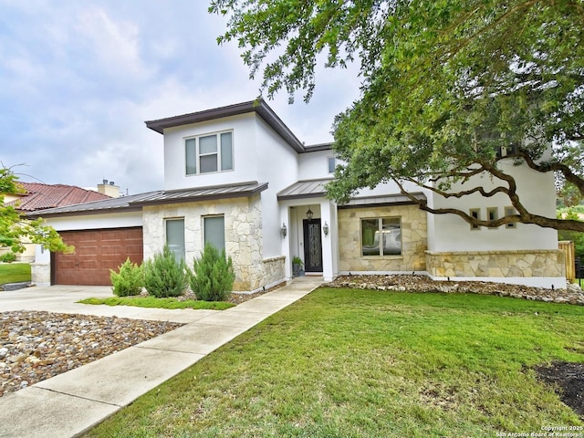 7211 Cresta Bulivar, San Antonio, TX 78256 - view of front of home with a standing seam roof, concrete driveway, a front lawn, and stone siding