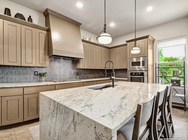 7211 Cresta Bulivar, San Antonio, TX 78256 - kitchen featuring a sink, appliances with stainless steel finishes, tasteful backsplash, and custom range hood