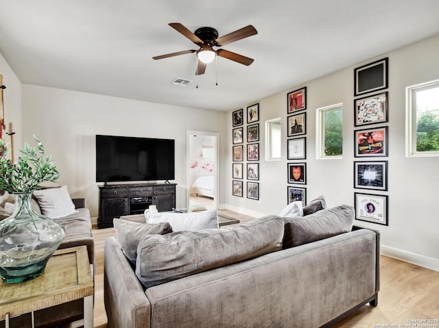 7211 Cresta Bulivar, San Antonio, TX 78256 - living room featuring visible vents, baseboards, ceiling fan, and light wood-type flooring