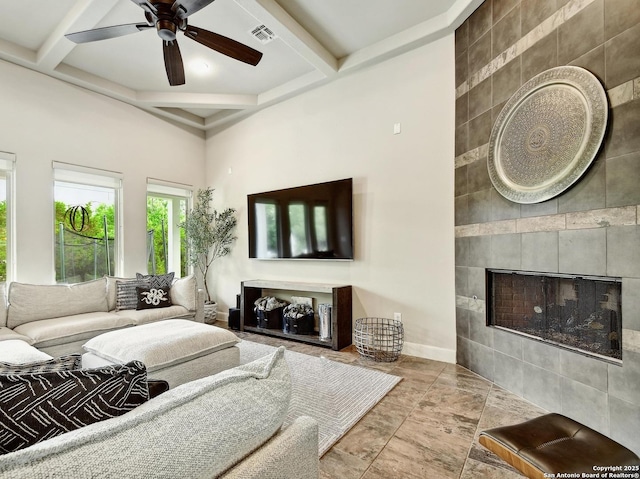 7211 Cresta Bulivar, San Antonio, TX 78256 - living area featuring ceiling fan, visible vents, a tiled fireplace, beamed ceiling, and coffered ceiling