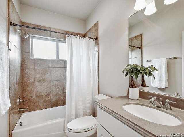 7211 Cresta Bulivar, San Antonio, TX 78256 - bathroom with toilet, shower / bath combination with curtain, and vanity