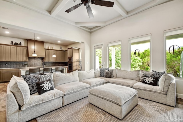 7211 Cresta Bulivar, San Antonio, TX 78256 - living area with ceiling fan, recessed lighting, beamed ceiling, visible vents, and coffered ceiling