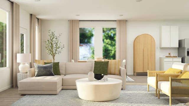 living room with baseboards and light wood-type flooring
