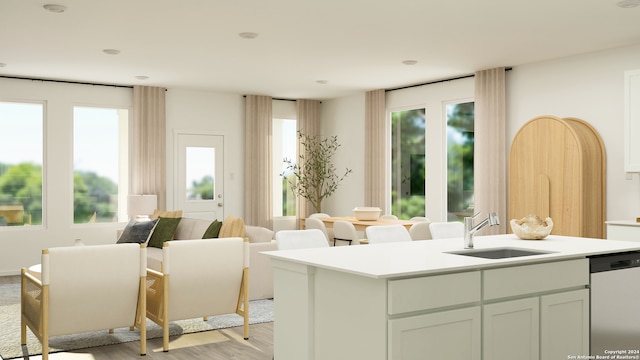 interior space featuring a sink, light countertops, light wood-type flooring, and dishwasher
