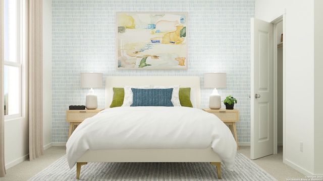 bedroom featuring baseboards, carpet floors, multiple windows, and wallpapered walls