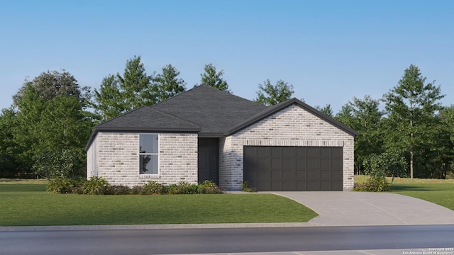 view of front of property featuring a front yard, roof with shingles, brick siding, concrete driveway, and an attached garage