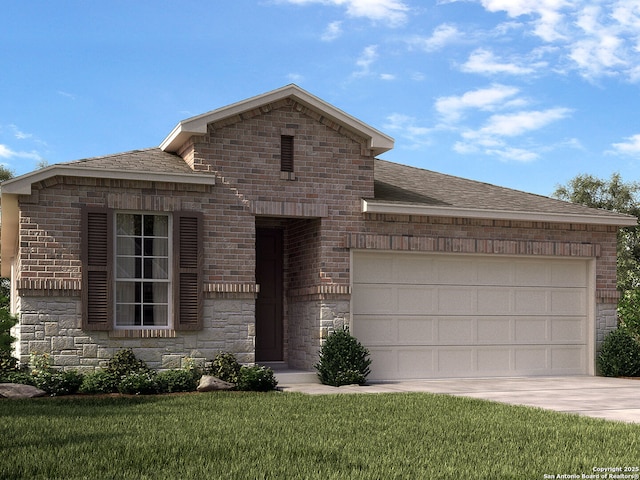 view of front facade featuring a front lawn, brick siding, a shingled roof, concrete driveway, and an attached garage